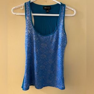Seduction blue lifted flower pattern sheer/front tank top